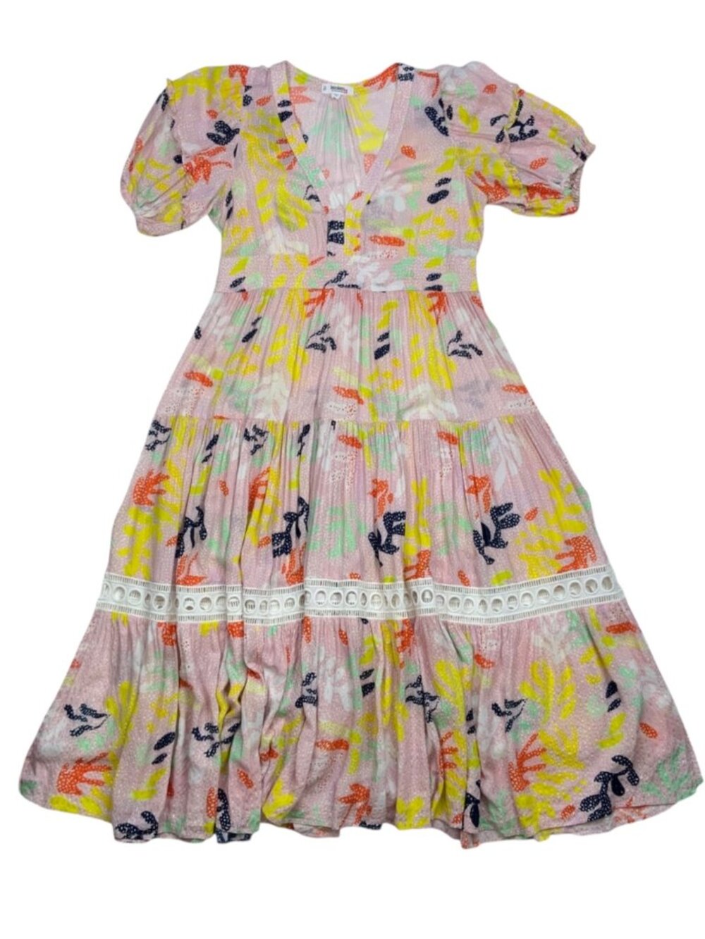 Lem Lem Reef Flutter Sleeve Maxi Dress M Pink Tiered Side Slits Summer - Picture 16 of 16